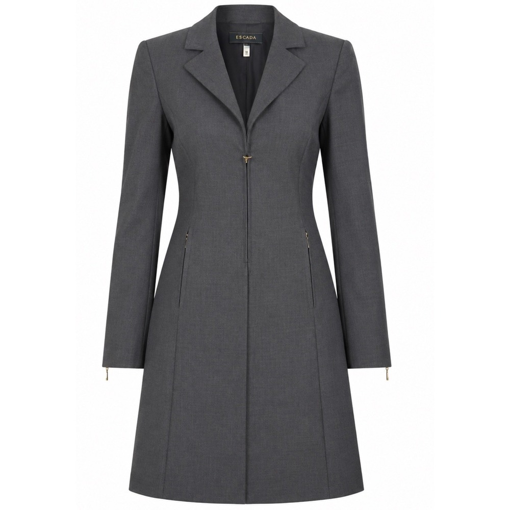 Escada Charcoal Grey 100% Virgin Wool Longline Blazer Coat Zip Front Size 36